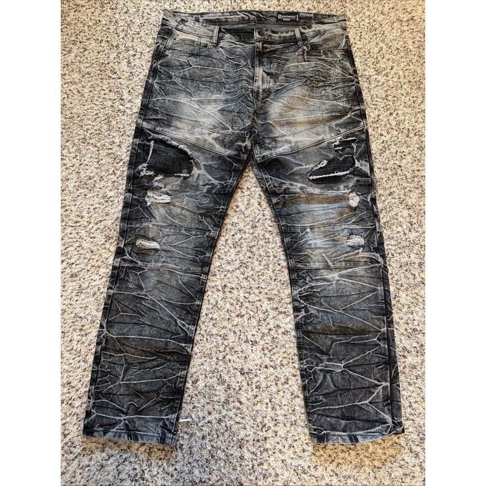 Southpole‎ Mens Skinny Jeans Sz 40x30 Acid Wash Distressed Ruched Black Mid Rise